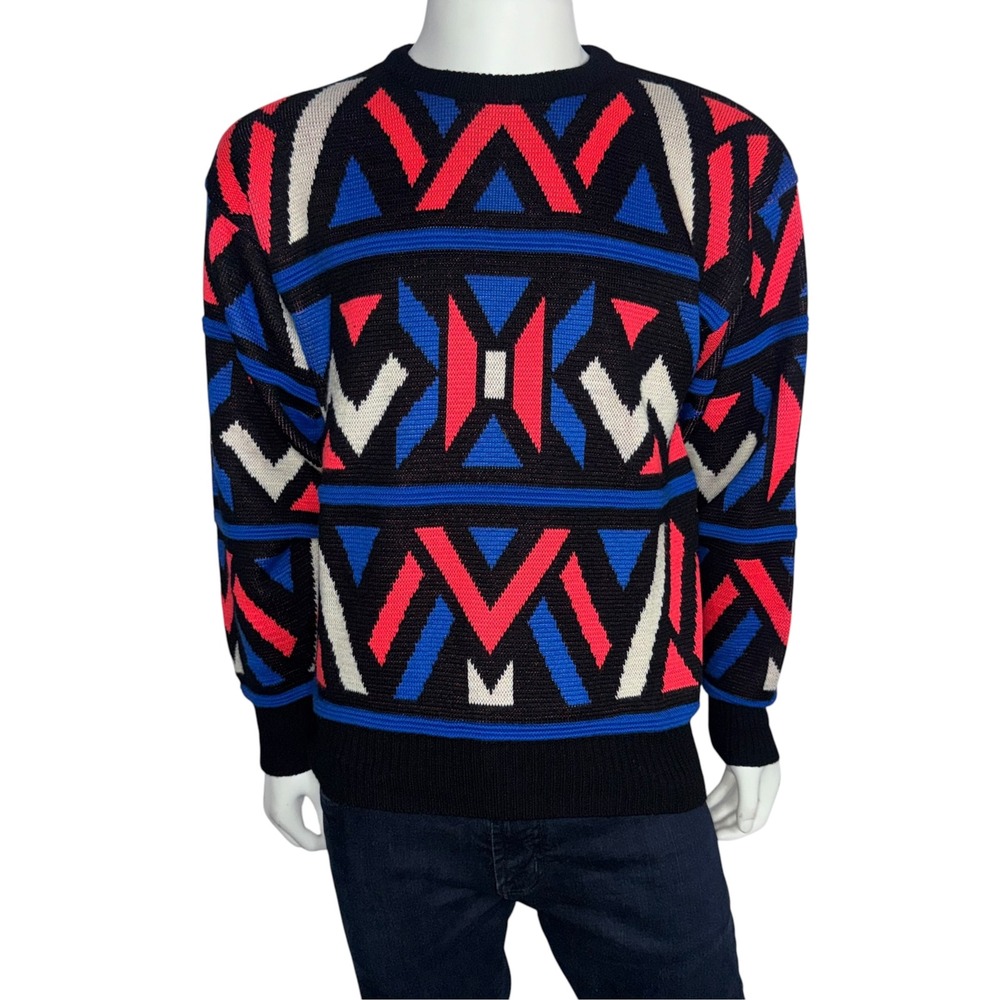 Vintage Profile Geometric Sweater Mens Large Black Red Blue Wool Blend 80s 90s